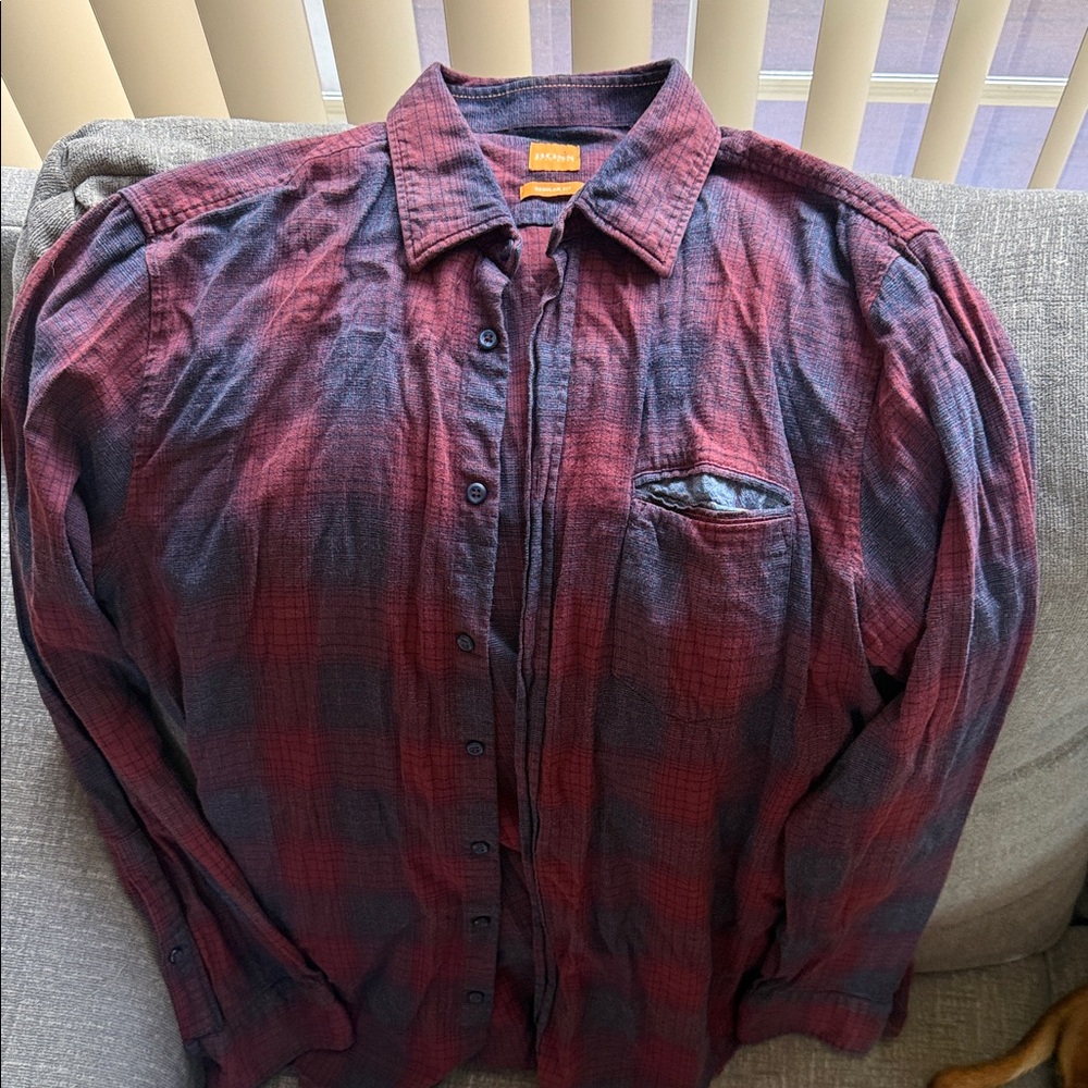 Hugo Boss Men's Plaid Shirt Jacket in Burgundy and Navy